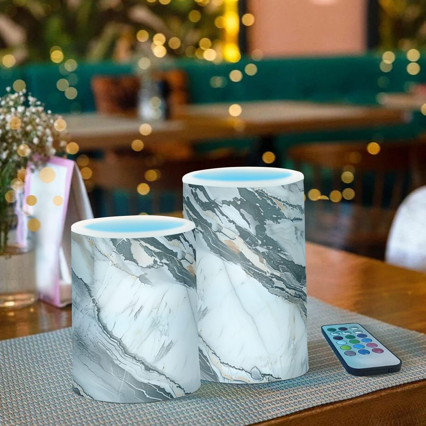 ALAZA Marble White Gray Marble Flameless Candles Flickering LED Candles with Remote Timer Battery Operated Pillar Candles Set of 2 for Dinner Holiday Decor