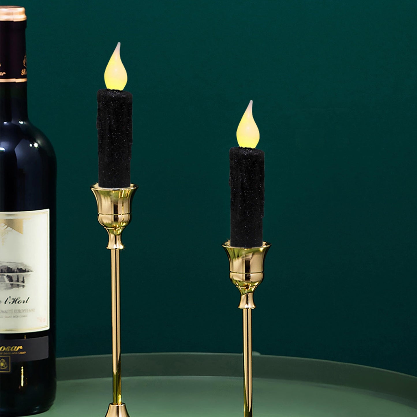 CVHOMEDECO. Glitter Flameless Candles Flickering Battery Operated LED Taper Candles with Timer for Home, Wedding, Halloween, Christmas Decor. Black, 4-3/4 Inch, Set of 3