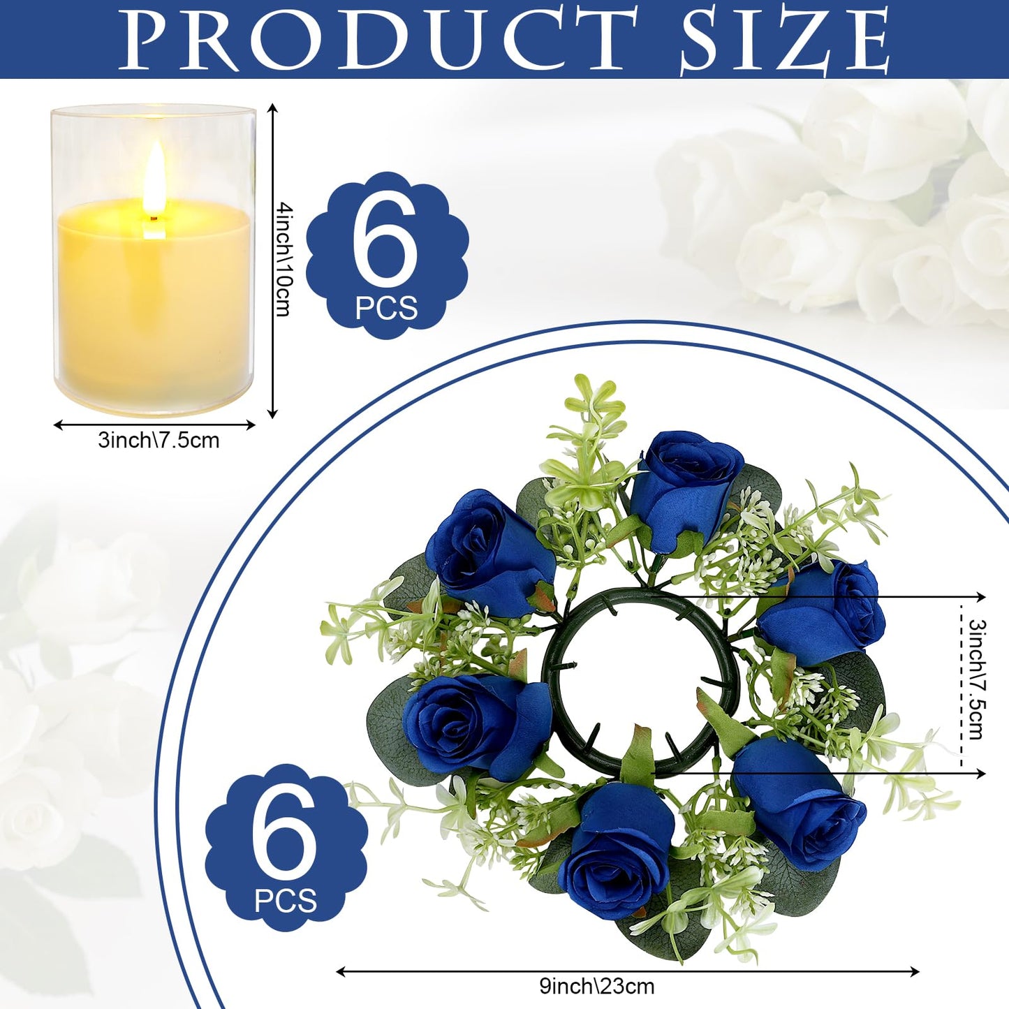 Tobilu 6 Sets Artificial Roses Candle Rings - Roses Floral Rings Wreaths with LED Candles Eucalyptus for Centerpieces Table Cabinets Front Doors Wedding Home Party Decor - Royal Blue