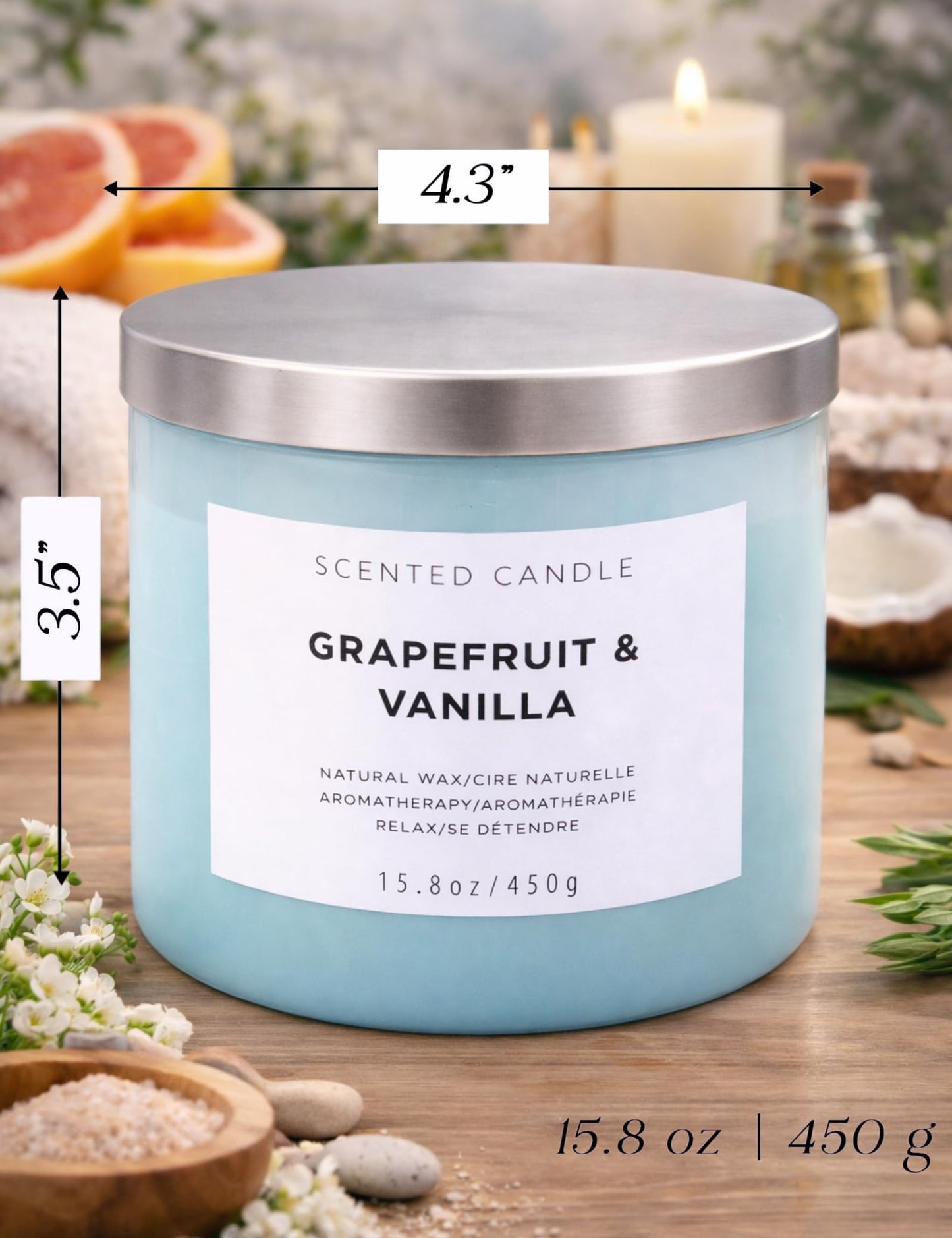 Grapefruit Vanilla 3-Wick Soy Candle | 15.8 oz Large Scented Candle for Home | Highly Scented Aromatherapy Candle for Women | Luxury Citrus Vanilla Candle Gift | Clean Burn Long Lasting