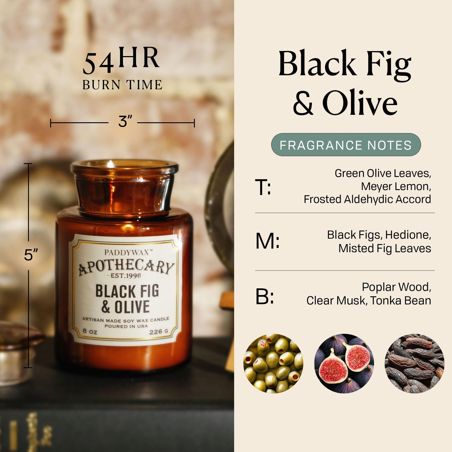Paddywax Artisan Apothecary Scented Candle with Lid in Reusable Glass Jar, Clean-Burn Soy Candle with Approx. 54 Hour Burn Time, Black Fig & Olive, 8 oz