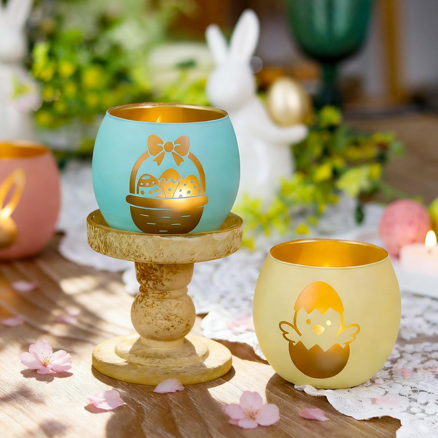 Easter Glass Candle Holders Set of 4, Pastel Tealight Holders with Gold Bunny, Chick & Egg Designs, Decorative Votive Candle Holders for Easter Table Centerpiece, Spring Home Decor & Gifts