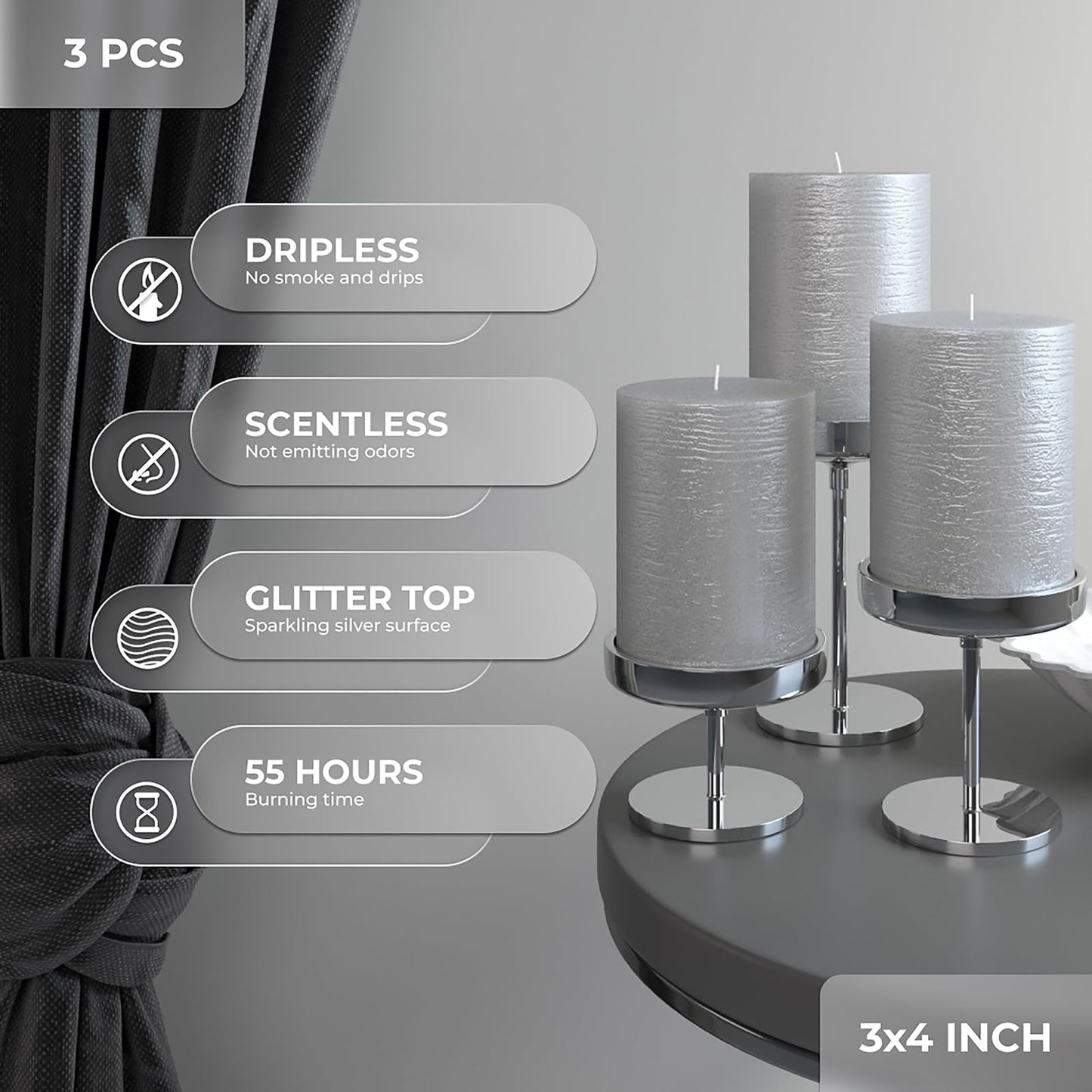 CANDWAX 3x4 inch Pillar Candles Set of 3 – Unscented Dripless Silver Candles for Event Decor, Weddings, Home Use