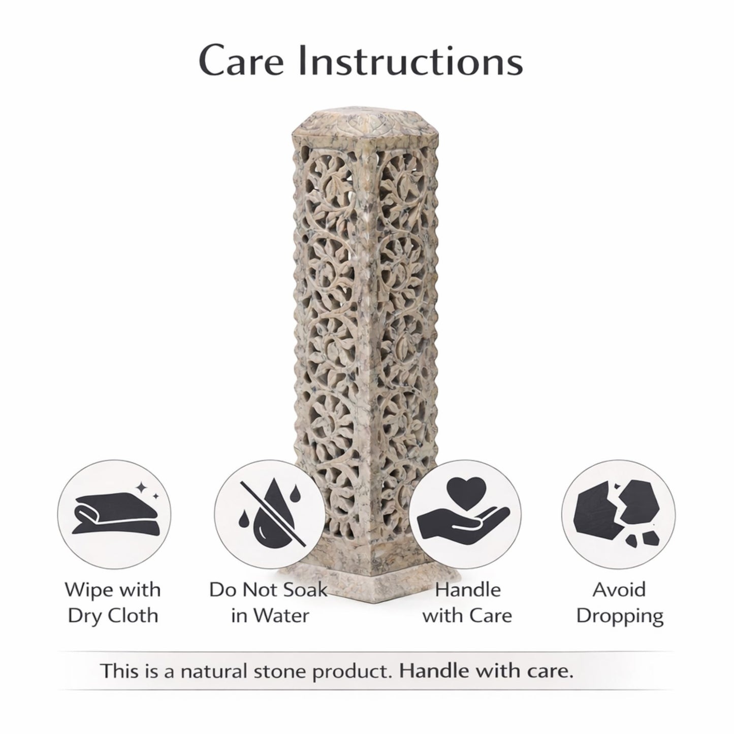 Carry Me Handmade Marble Soapstone Incense Stick Burner | Candle Stick Holder | Tea Light Stand - Perfect Incense Tower for Gifting. Decorative Home and Kitchen Decor (3 x 3 x 11 Inches)