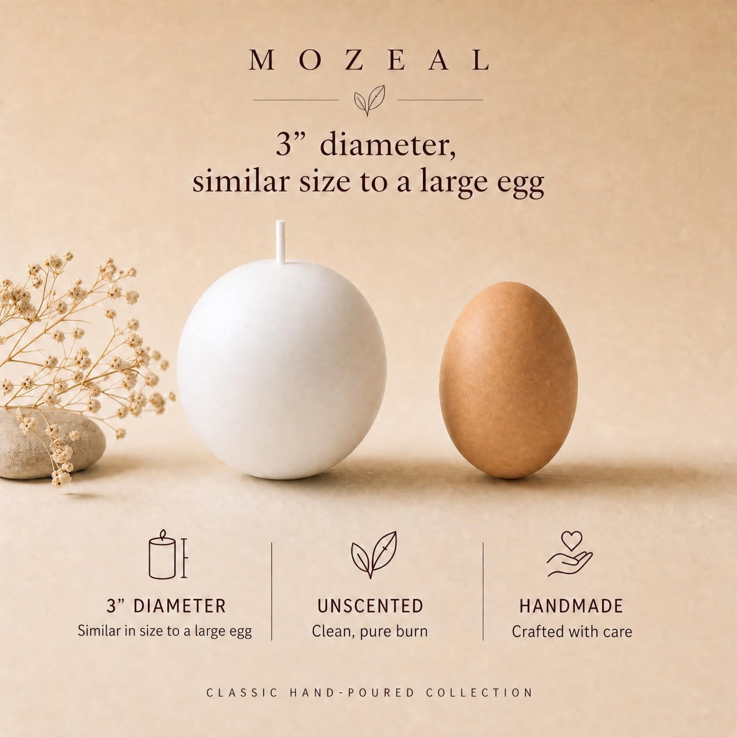 MOZEAL Hand-Poured, 3 Inch White Round Ball Candles - Elegant White Round Pillar Candles Set of 3, Dripless, Unscented, Smokeless, Ideal for All Occasions.