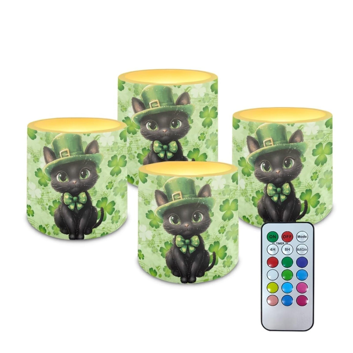 Merkmak 4Pcs St Patrick's Day Shamrocks Flameless Candles with Remote Battery Operated Candles with Timer, Cute Black Cat Pillar Tea Lights Bulk for Indoor Outdoor Home Decorations