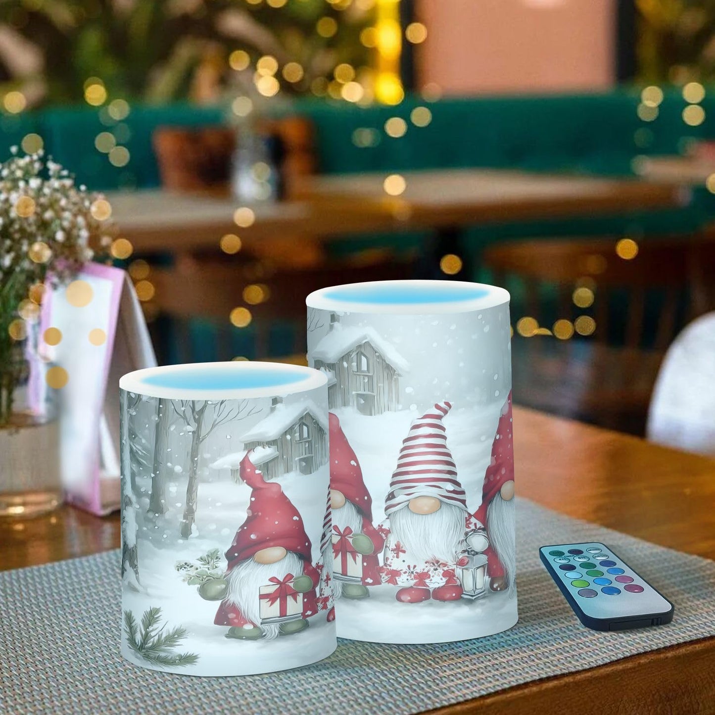 ALAZA Rred Gnomes White Snowflake Winter Flameless Candles Flickering LED Candles with Remote Timer Battery Operated Pillar Candles Set of 2 for Dinner Holiday Decor