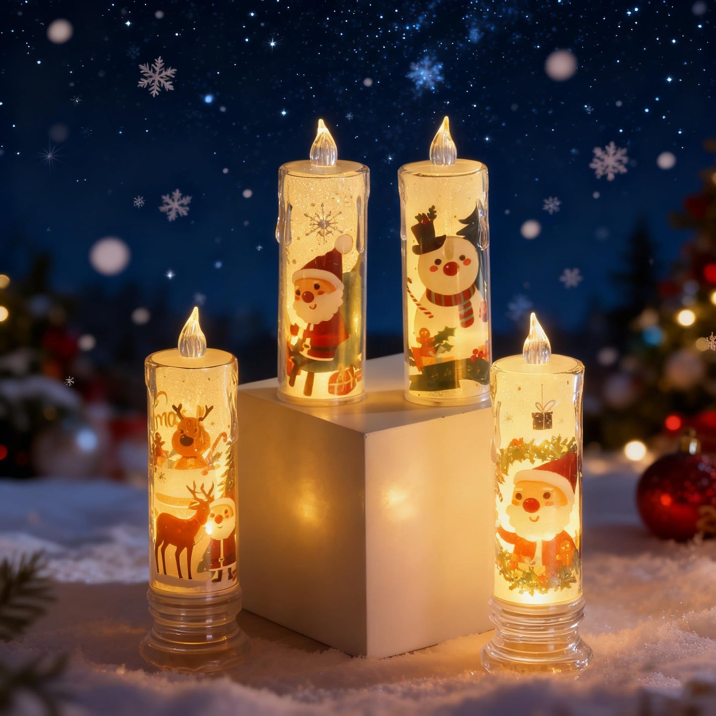 Vwvk 4-Pcs Christmas Flameless Candle Set, 5.12 Inches Tall, Christmas LED Candles with 3D Flame Effect - Battery-Operated Vintage Holiday Lights,Children's Christmas Gifts