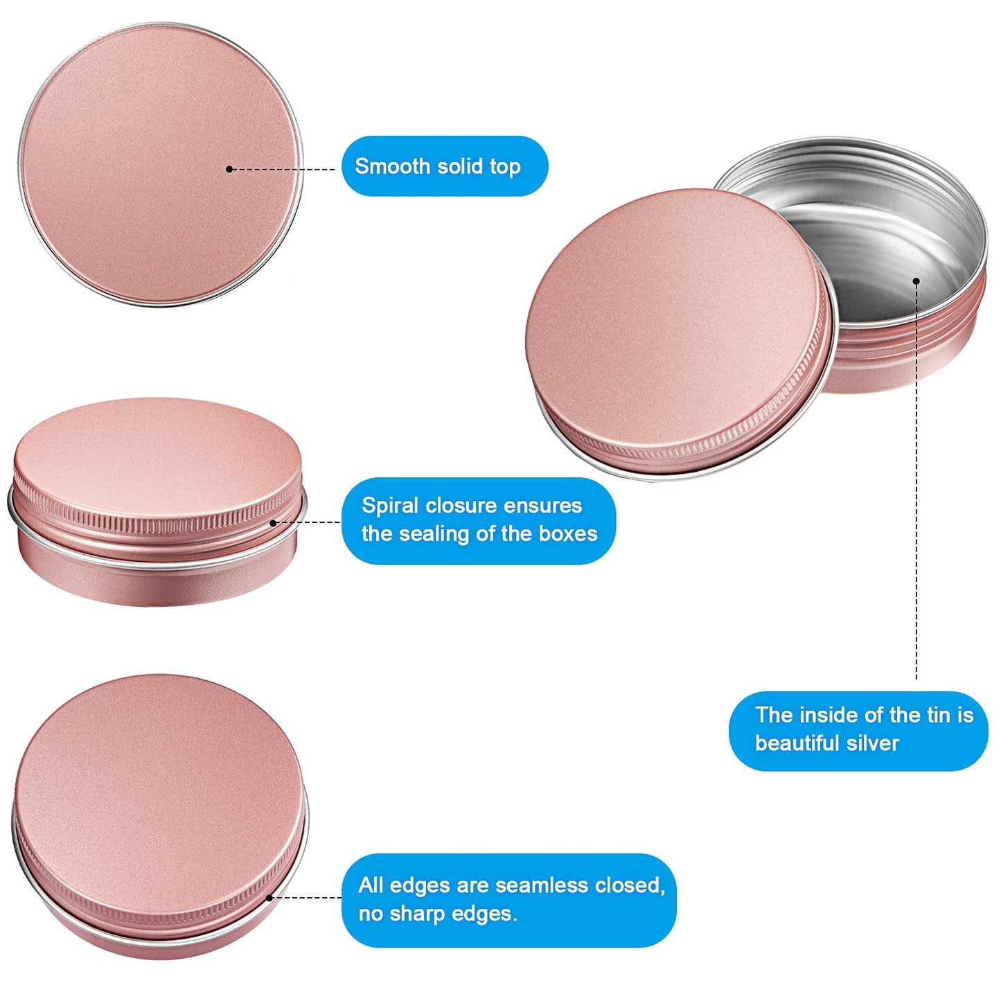 Patelai 2 oz Rose Gold Metal Round Tins Aluminum Tin Cans Salve Tins Containers with Screw Lid 10 Sheets Stickers for Salve Spice Candies Balms Candles, 36 Pack (Classic Style)