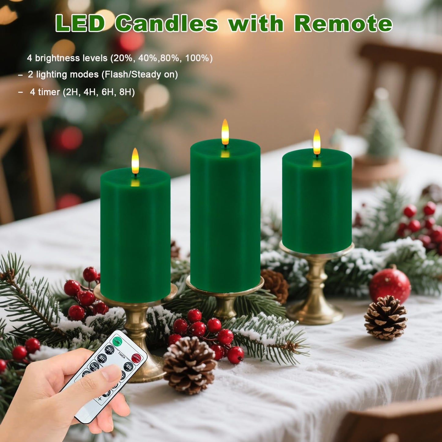Green Flameless Candles, Set of 3 Flickering LED Candles with Remote & Timer, Dimmable Real Wax Electric Pillar Candles Battery Operated, Candles Light for Home St. Patrick's Christmas Decor (Green)