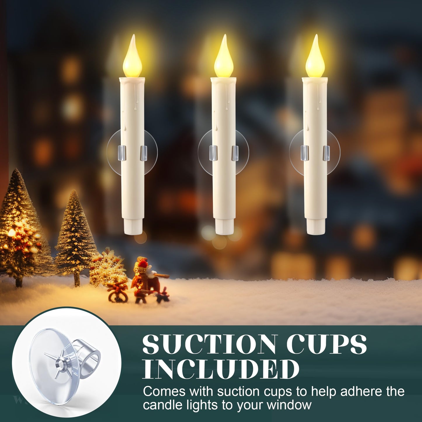 Enhon 18 Pack Battery Operated LED Window Candles, Dusk to Dawn Light Sensor, with Black Holders and Suction Cups, Ivory Christmas Window Candles, Amber Flicker Flame (Batteries AA Included)