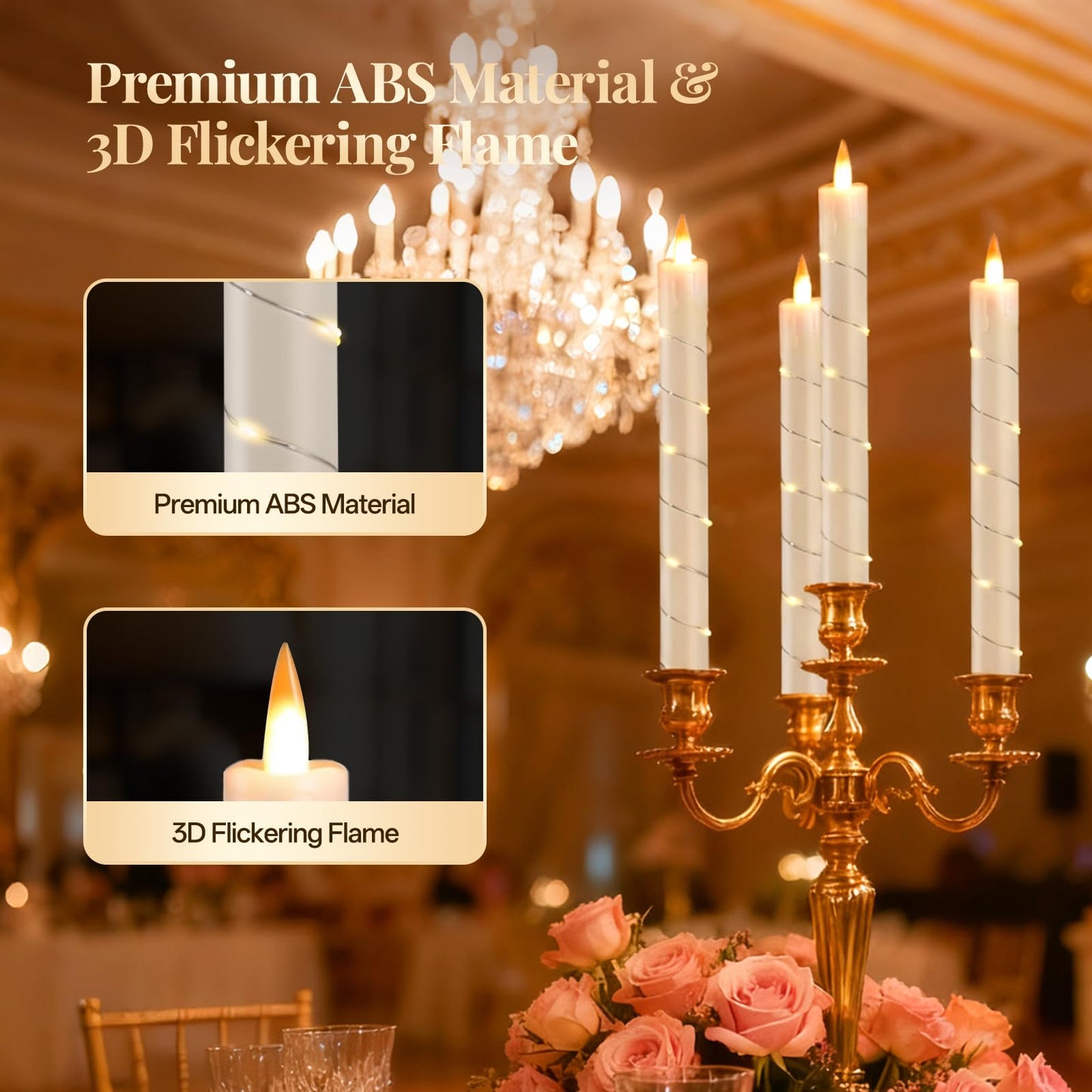 Rlojru 3pcs Flameless Taper Candle with Remote, Battery Powered, Timer, 3 Ivory ABS Candlesticks, 11 Mini Surround String Lights, 9.4 Inch LED Candles for Wedding, Birthday Party, Prom, Home Decor