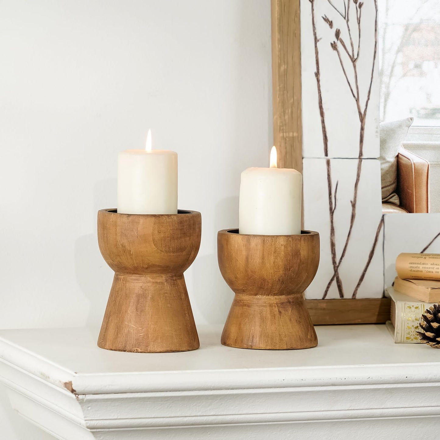 NIKKY HOME Farmhouse Wooden Candle Holders Set of 2, Rustic Solid Wood Pillar Candlesticks Pedestal, Fireplace Mantle Table Centerpiece Decor, Brown