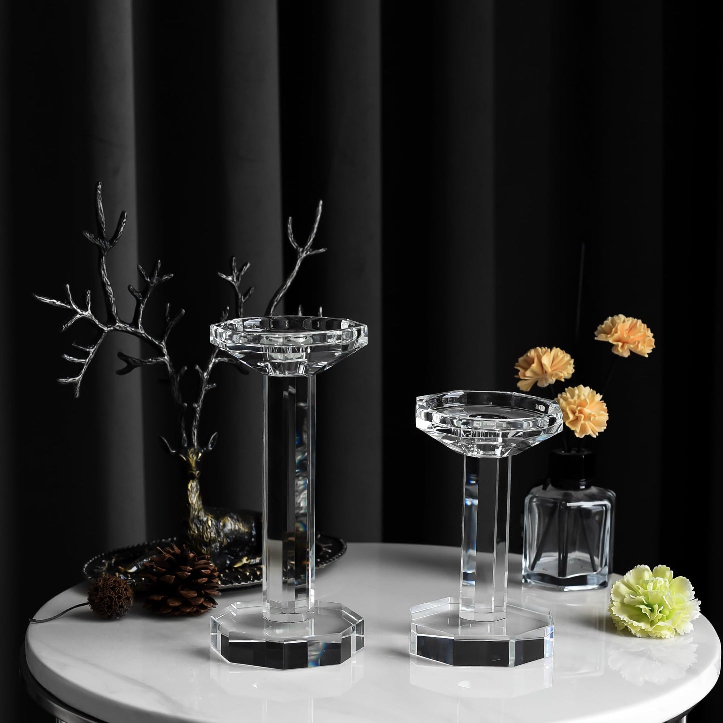 DONOUCLS Crystal Candlestick Holders Set of 2, Clear Crystal Taper or Pillar Candles Holders, Table Centerpieces for Party and Wedding Decoration(6''/8'' Tall)