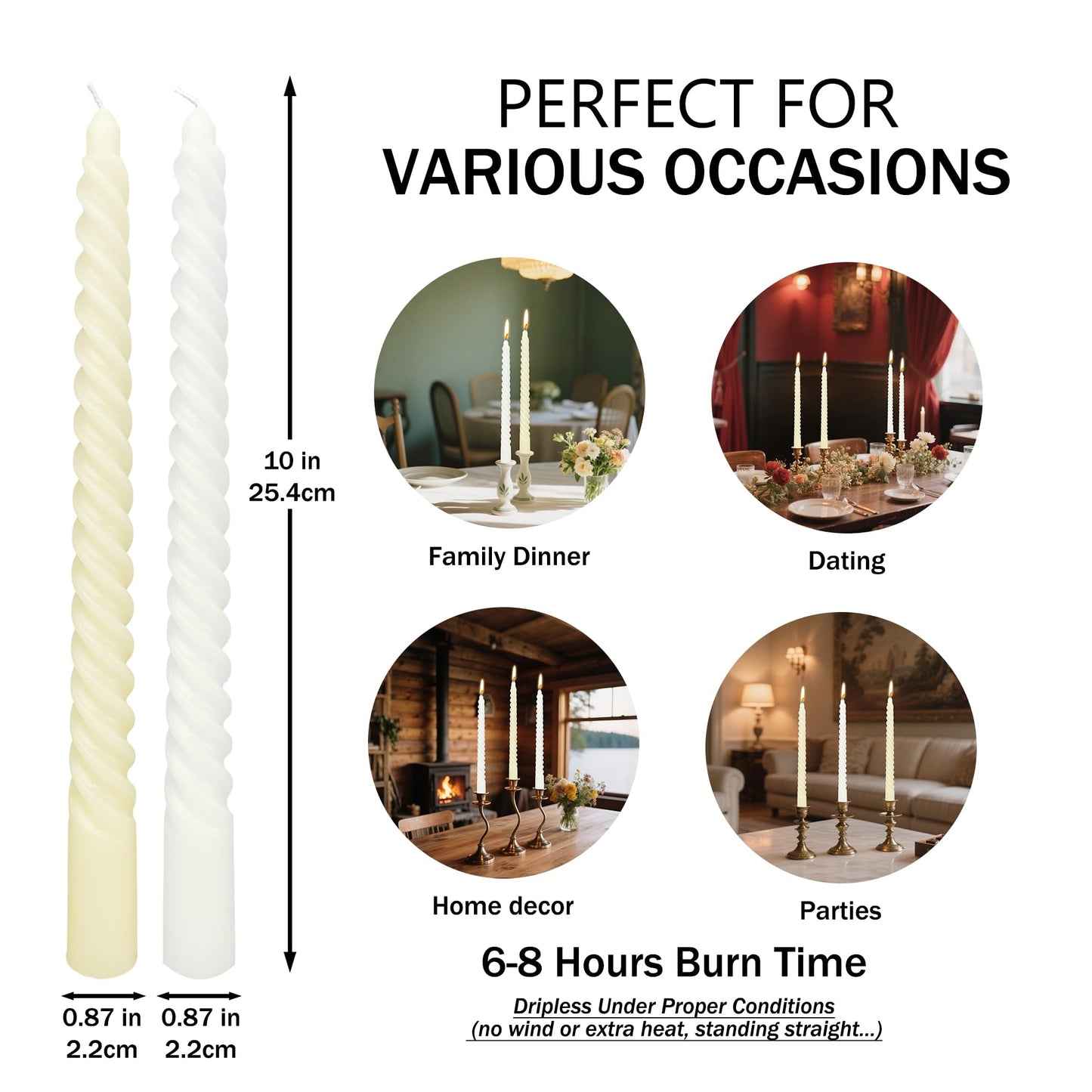 10 Inch White and Pale Yellow Spiral Taper Candle Set, 10 Pack Unscented Dripless Candlesticks for Dinner Baby Shower Party Brithday Wedding and Home Decoration