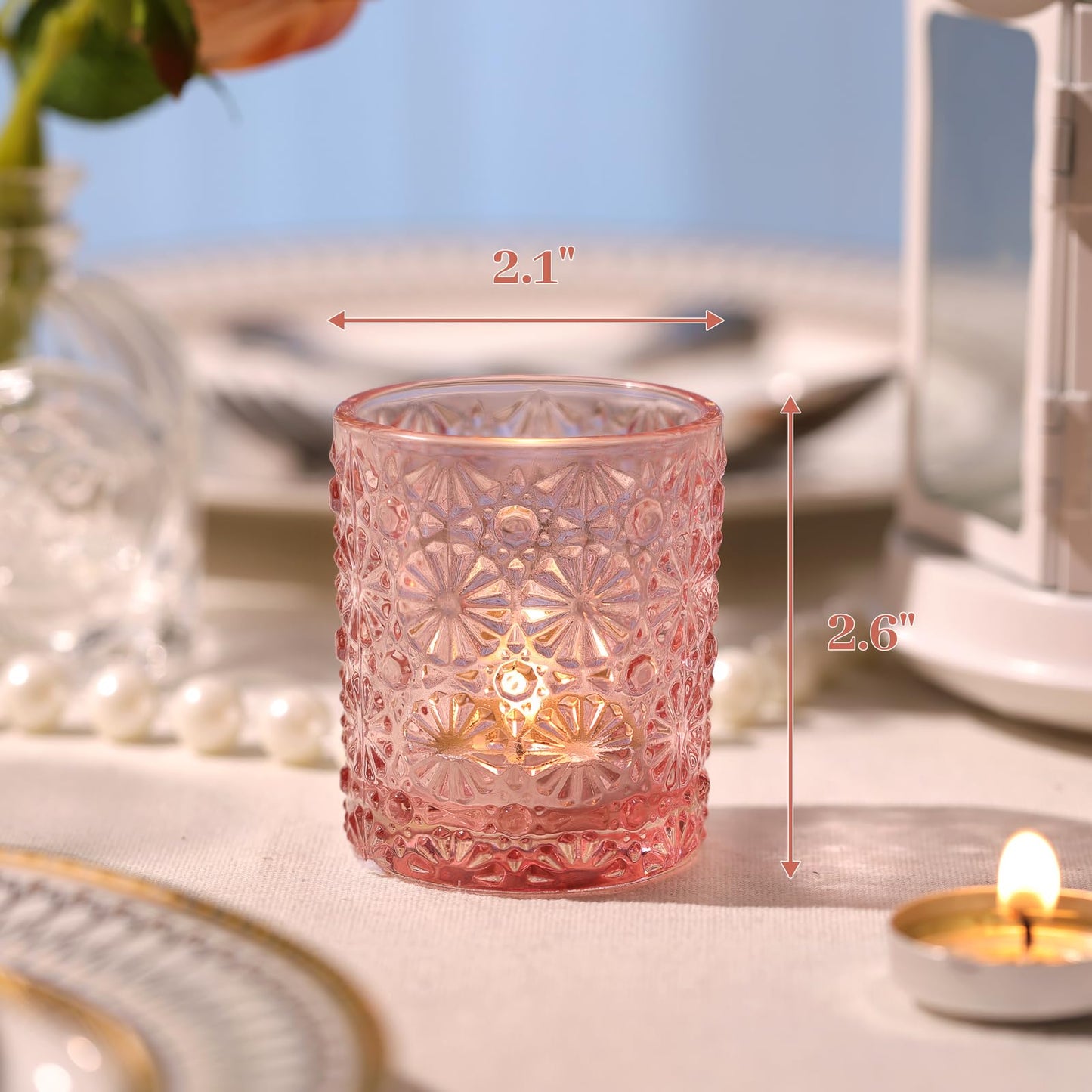 Lanttu Pink Votive Candle Holder Set of 12, Flower Tea Lights Candles Holders for Wedding Table Centerpieces, Birthday Parties, Anniversary, Pink Bridal Shower and Holiday Decorations