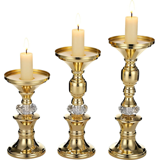 3 Pcs Gold Pillar Candle Holders Set, Elegant Metal Crystal Candlestick Stands, Gourd Shape Wedding Centerpieces Decor, Weighted Base Tabletop, 5.91-8.46 in Tall