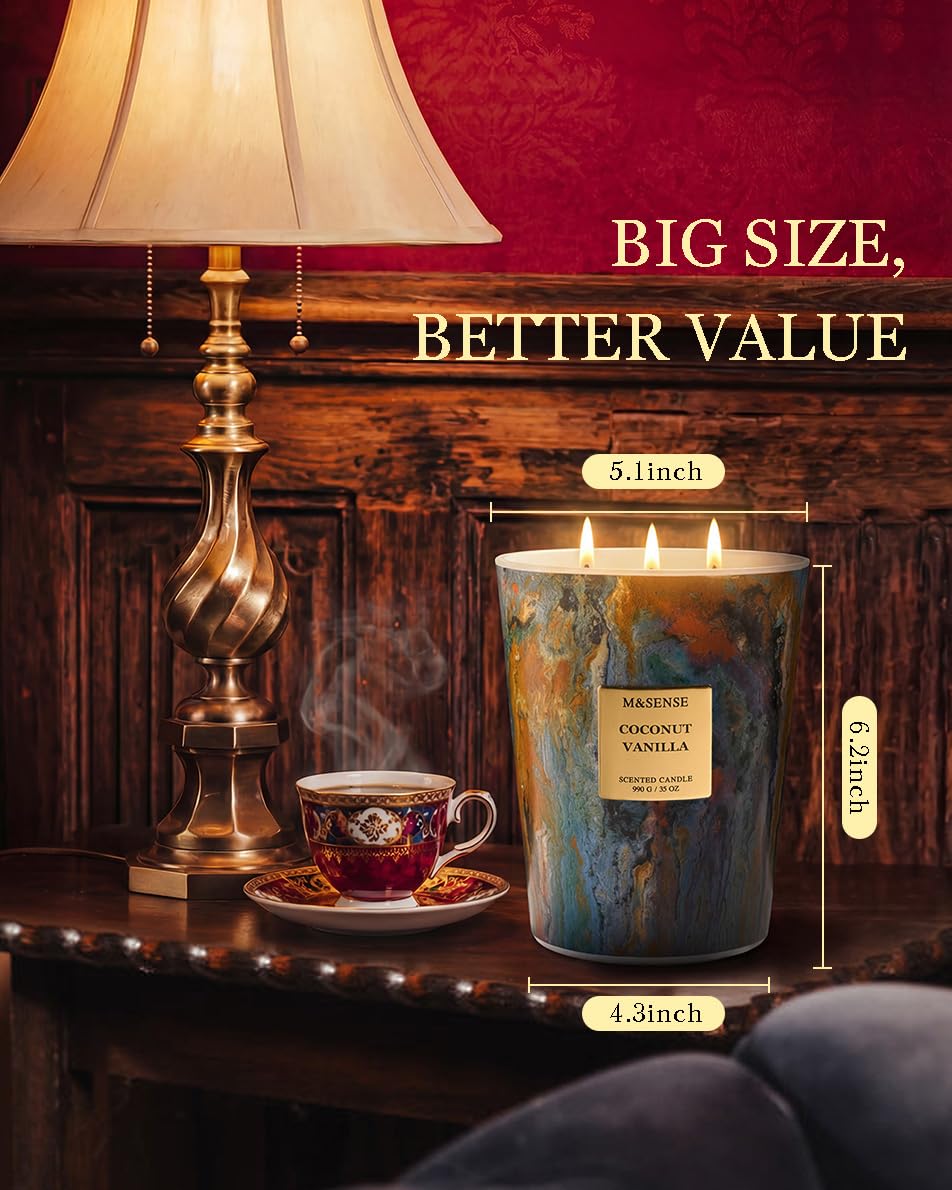 M&SENSE Large 3-Wick Coconut Vanilla Scented Soy Candle, 35oz 150 Hours Non-Toxic, Summer Candles Party Essential Spa Home Fragrance & Decor