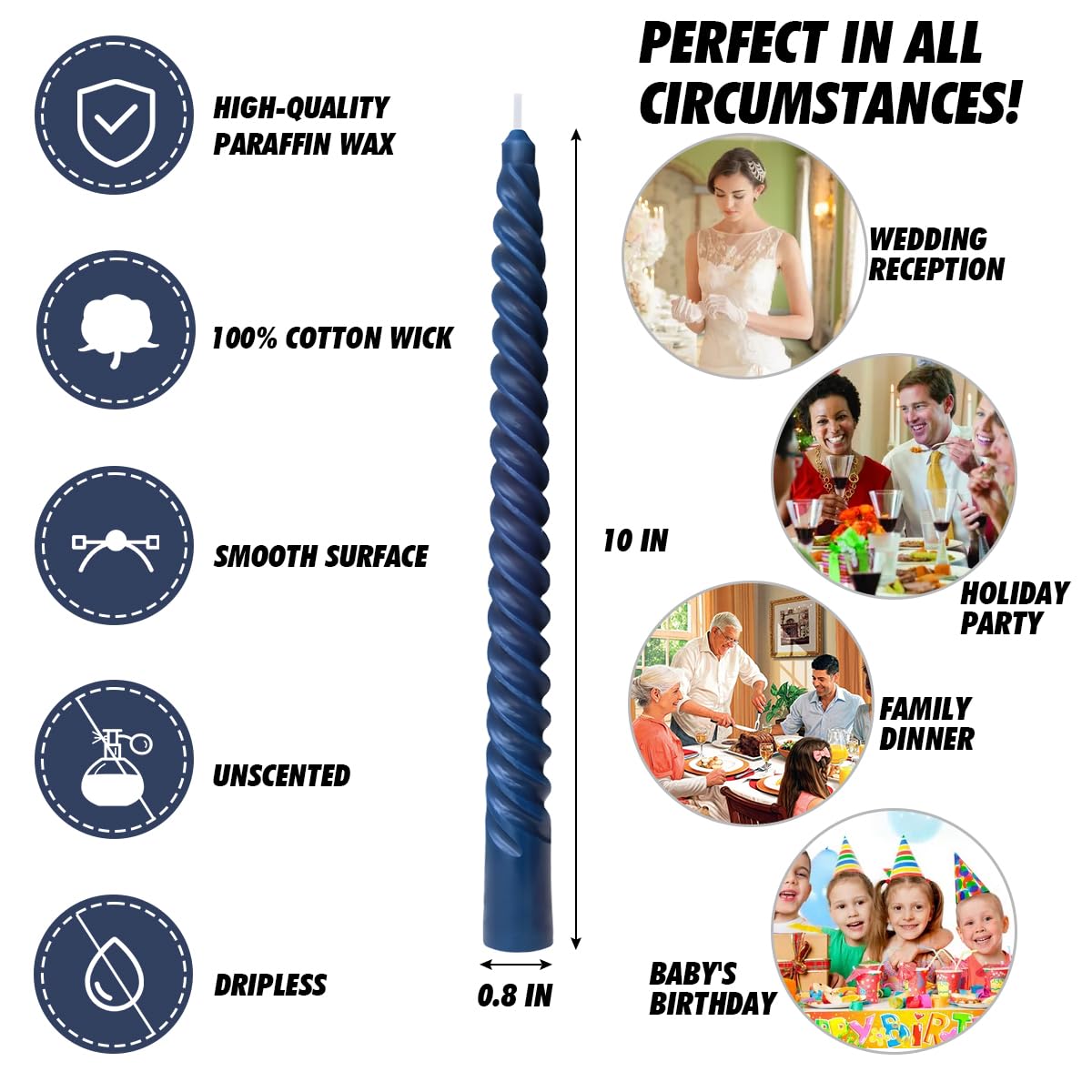 6 Pack 10 Inch Navy-Blue Spiral Taper Candles for Hanukkah and Winter Home Decoration, Unscented Dripless Twisted Candlesticks for Dinner Beach-Themed Decor Relaxation and Meditation