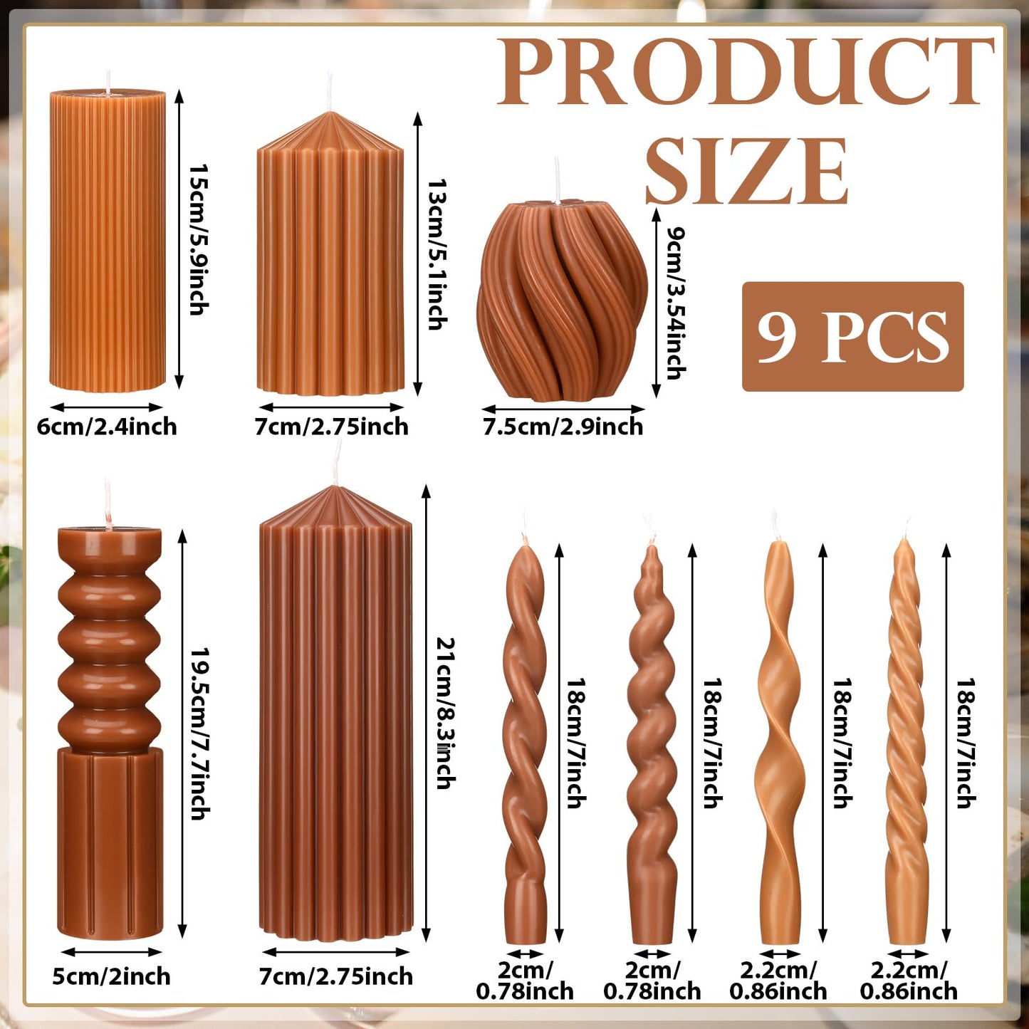 Nuanchu 9 Pcs Modern Decorative Candles Set 5 Pillar Aesthetic Ribbed Candles 4 Spiral Taper Twisted Candlesticks Scented Smokeless Soy Wax for Wedding Holiday Dinner Home Decorations(Brown)