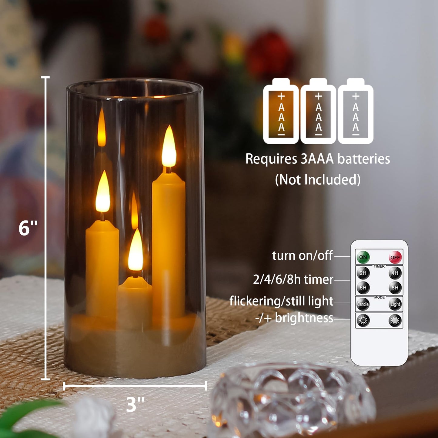 Zevanor 3 in 1 Flameless Taper Short Candles with 10 Key Remote Control and Timer, Battery Operated Pack of 2 LED Acrylic 3" x6" Grey Pillar Flickering Warm Light