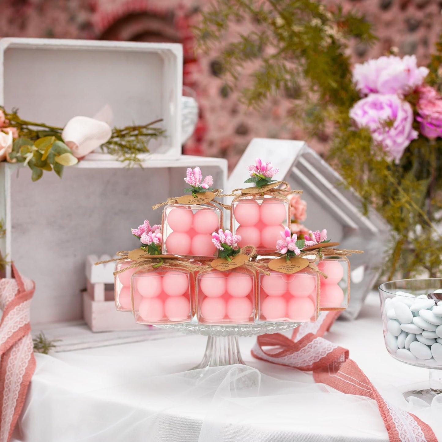 MTLEE Mini Bubble Candles Wedding Favors Gifts for Guests 1.57" x 1.38" Bubble Candles with Cards Dried Flowers DIY Gift Set for Baptism Party Bridal Shower Thank You Gifts(Pink,30 Sets)