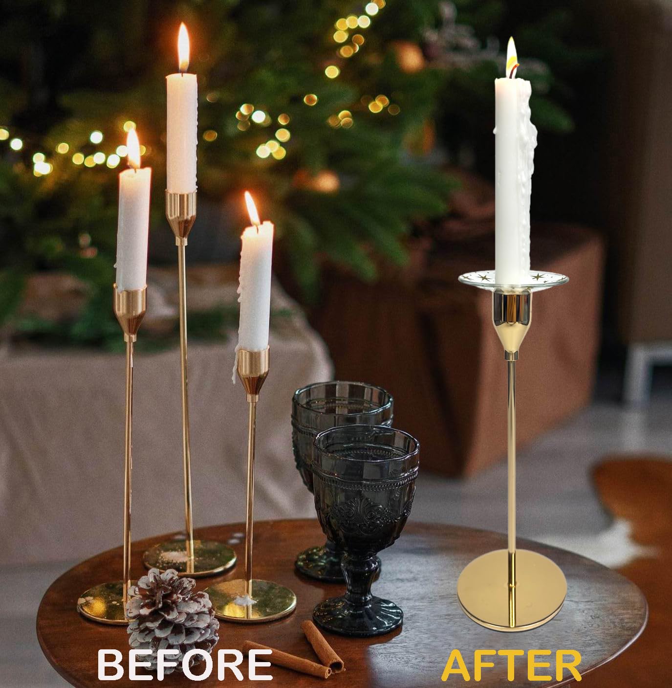 VGEUNA 4 Pieces Patterned Glass Bobeches for Candlestick Holder, Gold Glitter Stars Design, Candle Drip Protector Guard, Wax Catcher Ring Accessories (Gold Glitter)