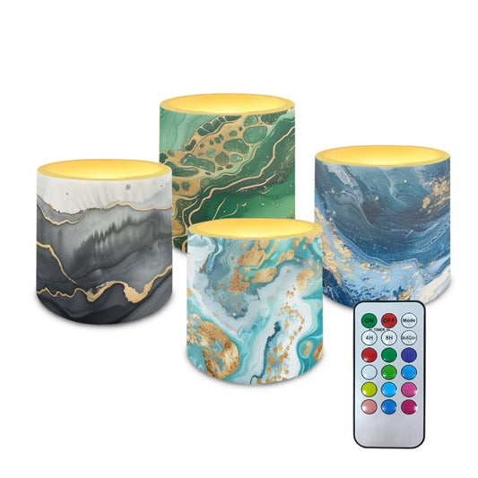 NETILGEN Colorful Marble Print 3 inch Flameless LED Candles with Remote Timer Set of 4 Home Decorative Realistic Flickering Flameless Candles with Battery Operated