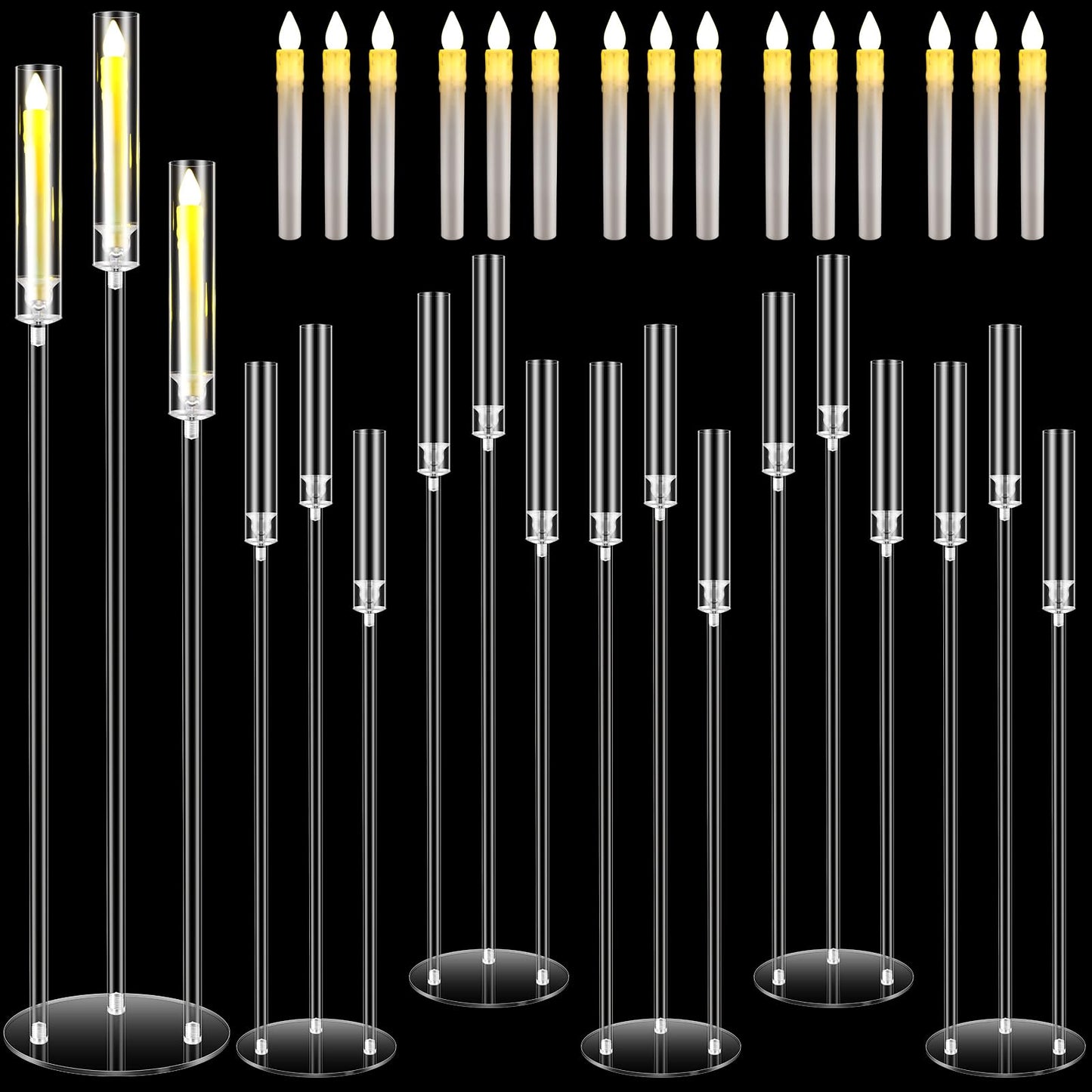 Havawish 6 Set Acrylic Candelabra Centerpieces 3 Arms with 18 LED Candles 42.5'' Floor Tall Candle Holders with Acrylic Shade Wedding Clear Table Candlesticks Stand Fit 0.8'' for Party