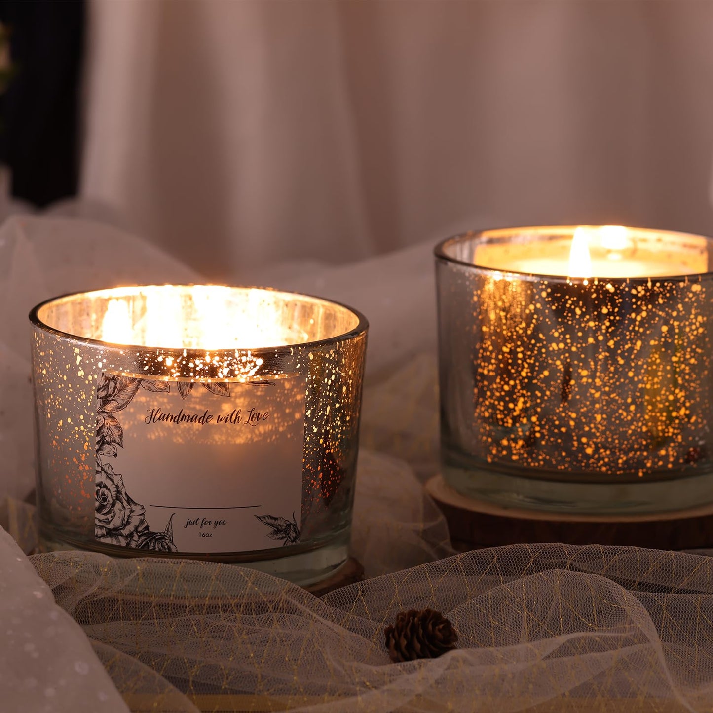simeitol 16 OZ Speckled Silver Candle Jar for Making Candles 6 Pcs, Glass Candle Jars with Airtight Bamboo Lids - Empty Candle Jars Bulk with Sticky Warning Labels - for Home, Wedding, Christmas