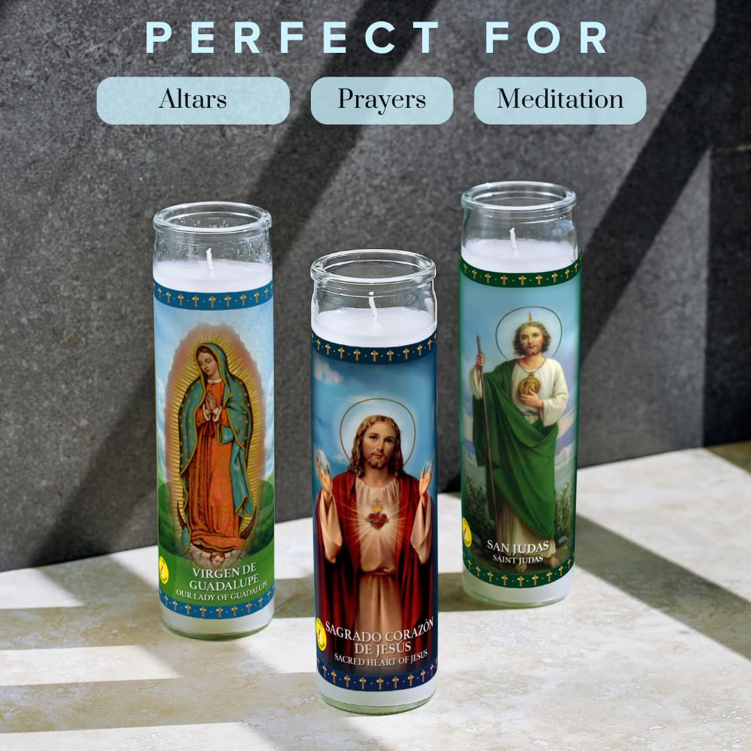 Simply Soson Lady of Guadalupe Prayer Candle, 3 Pack, Great for Sanctuary Vigils and Prayers, Unscented Glass Candle Set, Jar Candles, Devotional Spiritual Religious Church Cemeteries