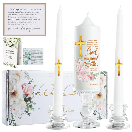 Extrogif Unity Floral Candles with Holder for Wedding Ceremony – Wedding Candle Set with Glass Holders – Elegant Pillar Candles with a Gold Cross and the Matthew 19:6 Verse