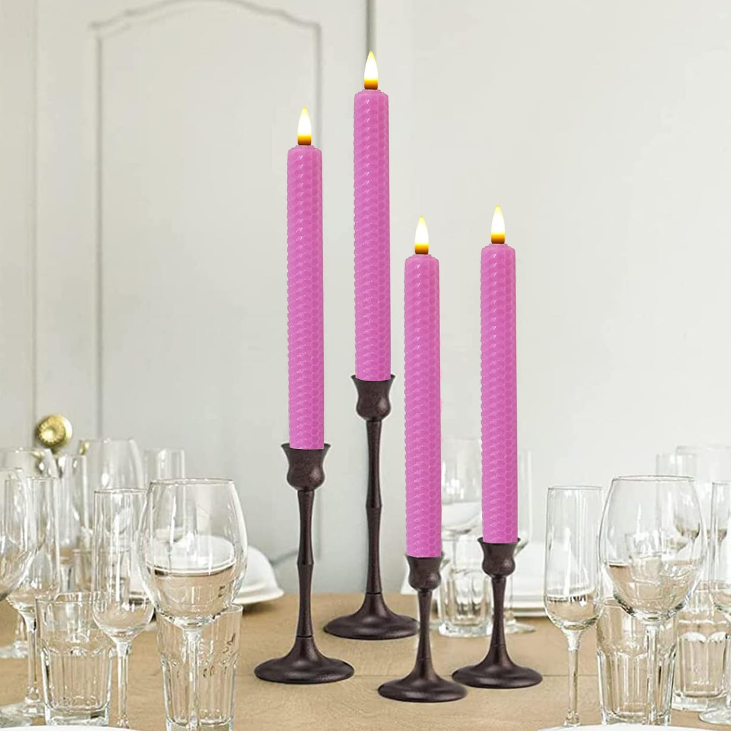 Gedengni Beeswax Honeycomb Flameless LED Taper Candles, 9.5 Inch Flickering Wax Candles with Remote & Timer, Pink Battery Operated Dripless Tapered Candle for Home Wedding Decor, 4 Pack