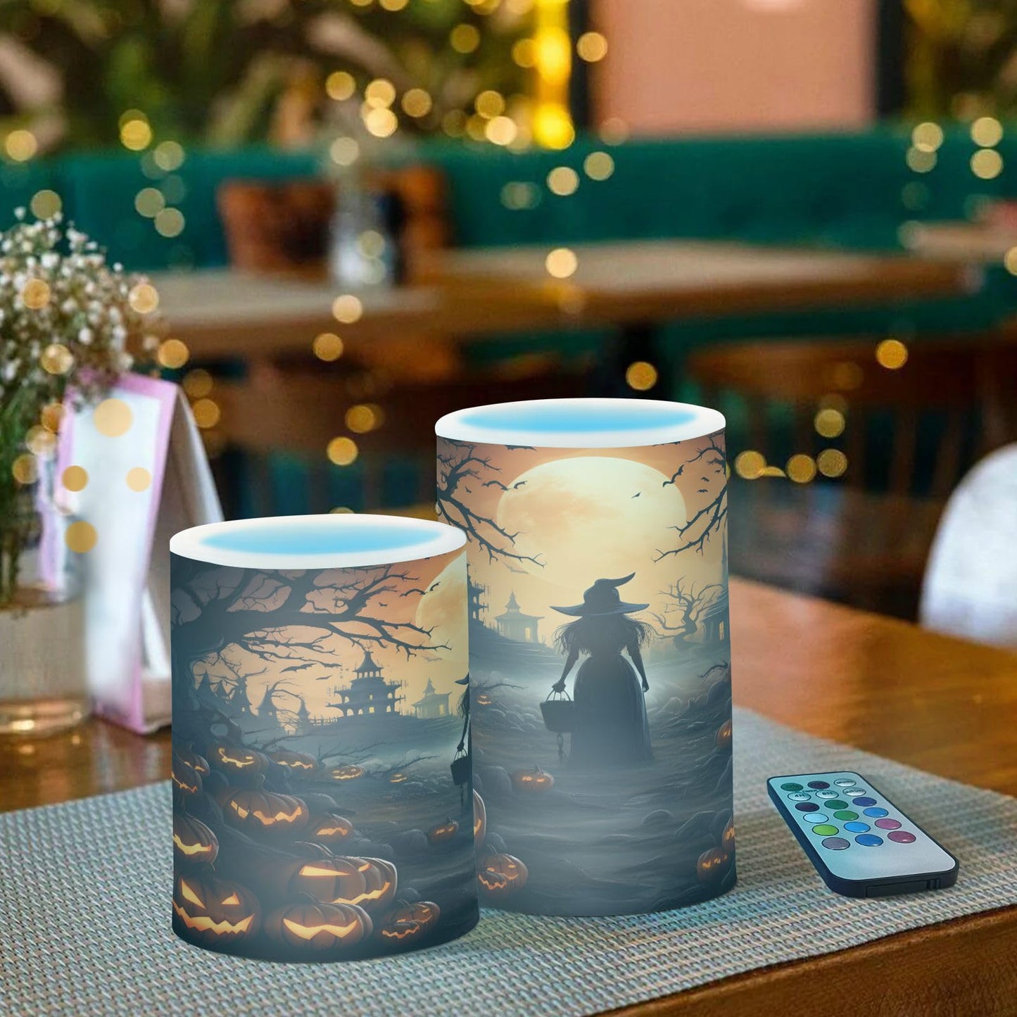 ALAZA Halloween Pumpkins Witch Flickering Flameless Candles Battery Operated with Remote Timer,Tea Light Candles LED Pillar Votive Candles Set of 2 for Outdoor Indoor Decorations