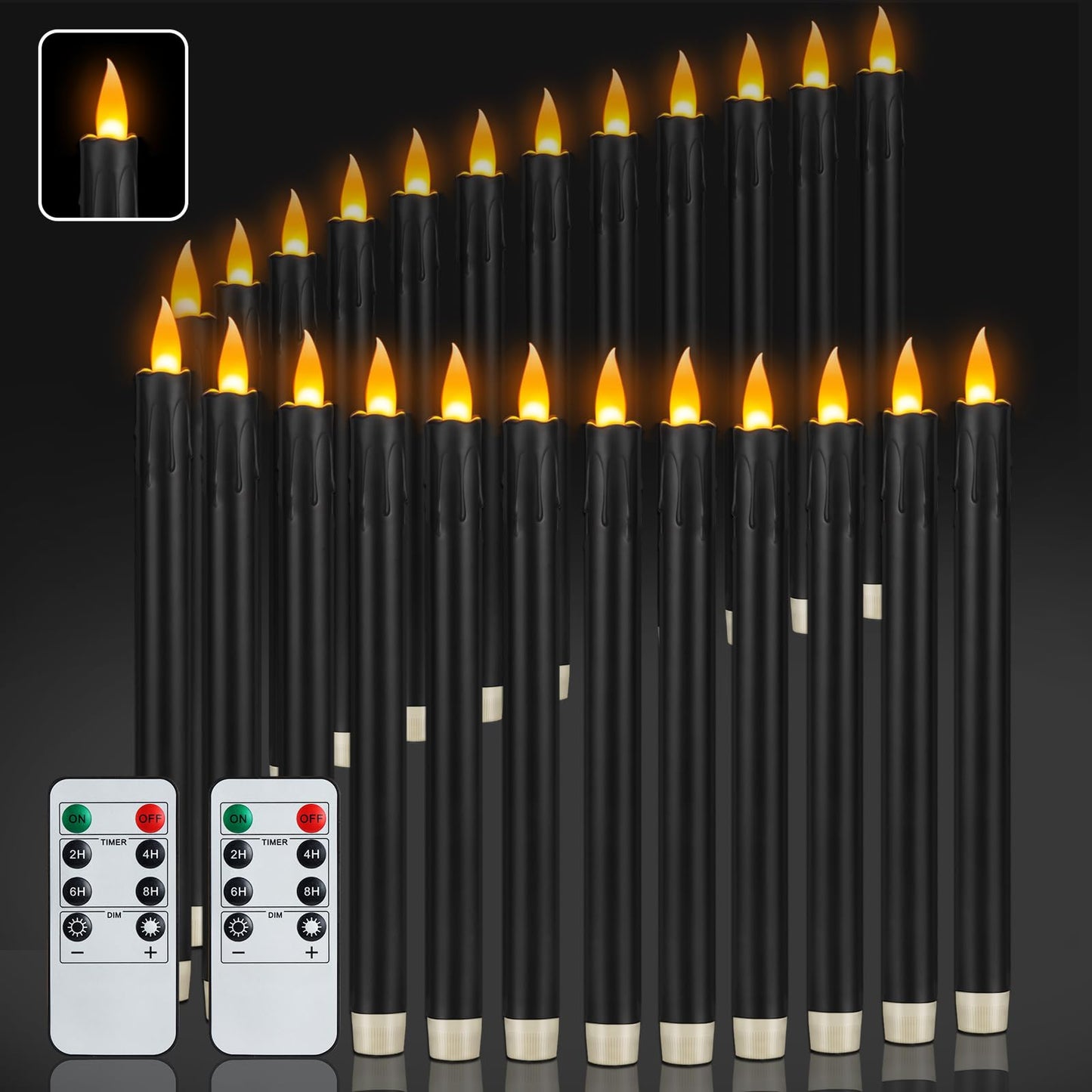 wemarry 24 Pcs Black Flameless Taper Candles with Remote, 10" Black Battery Operated Led Candlesticks with Flickering 3D Flame, Fake Taper Candles for Halloween Anniversaries Dinner Home Décor