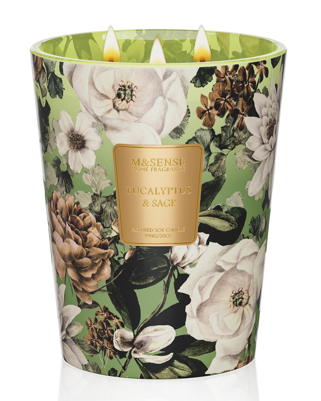 M&SENSE Eucalyptus Sage Soy Candle, 35oz 3 Wick 150H Non Toxic Long Lasting, Large Spa Fresh Focus Aromatherapy Candles, Home Office & Sleep Support