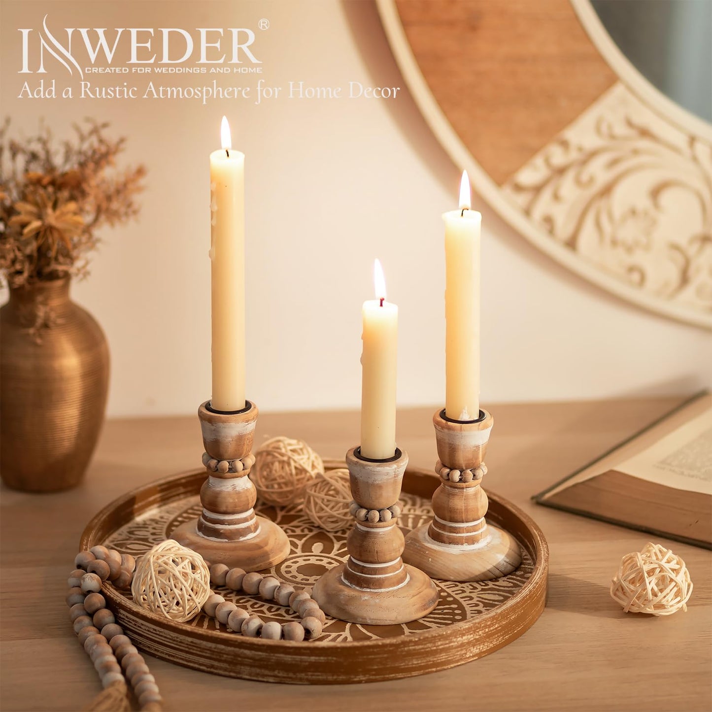 Inweder Wooden Taper Candle Holders: Rustic Wood Candlestick Holders Farmhouse Fall Decor for Living Room Dinning Table Centerpiece Christmas Set of 10
