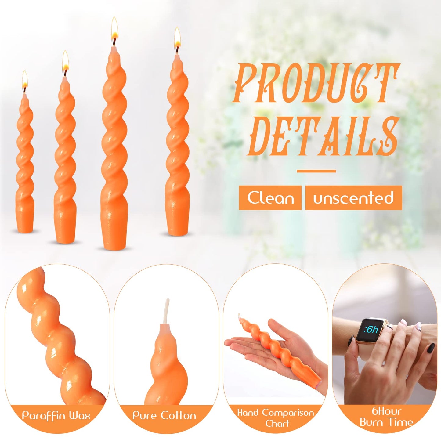 Zhengmy 4 Pcs Orange Spiral Taper Candle 7 Inch Twisted Long Wax Dinner Candlestick for Fall Halloween Christmas Holiday Valentines Wedding Birthday Baby Shower Table Decor(Solid)