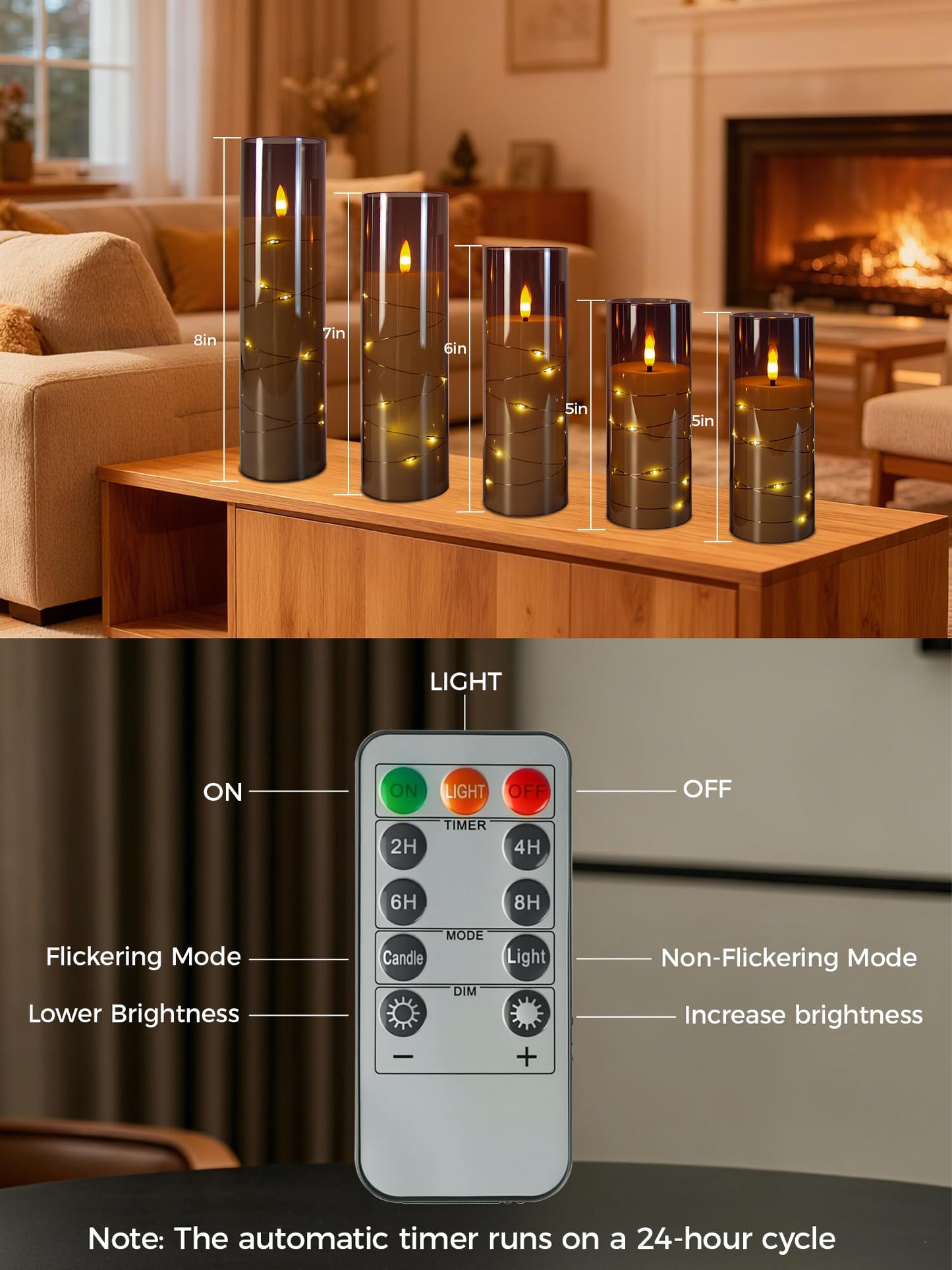 uuffoo 5 Pcs Flameless LED Candles with Timer Remote Flickering Flameless Candles with Embedded Star String, 3D Wick Acrylic Battery Operated LED Pillar Candles for Wedding Party Home Decor