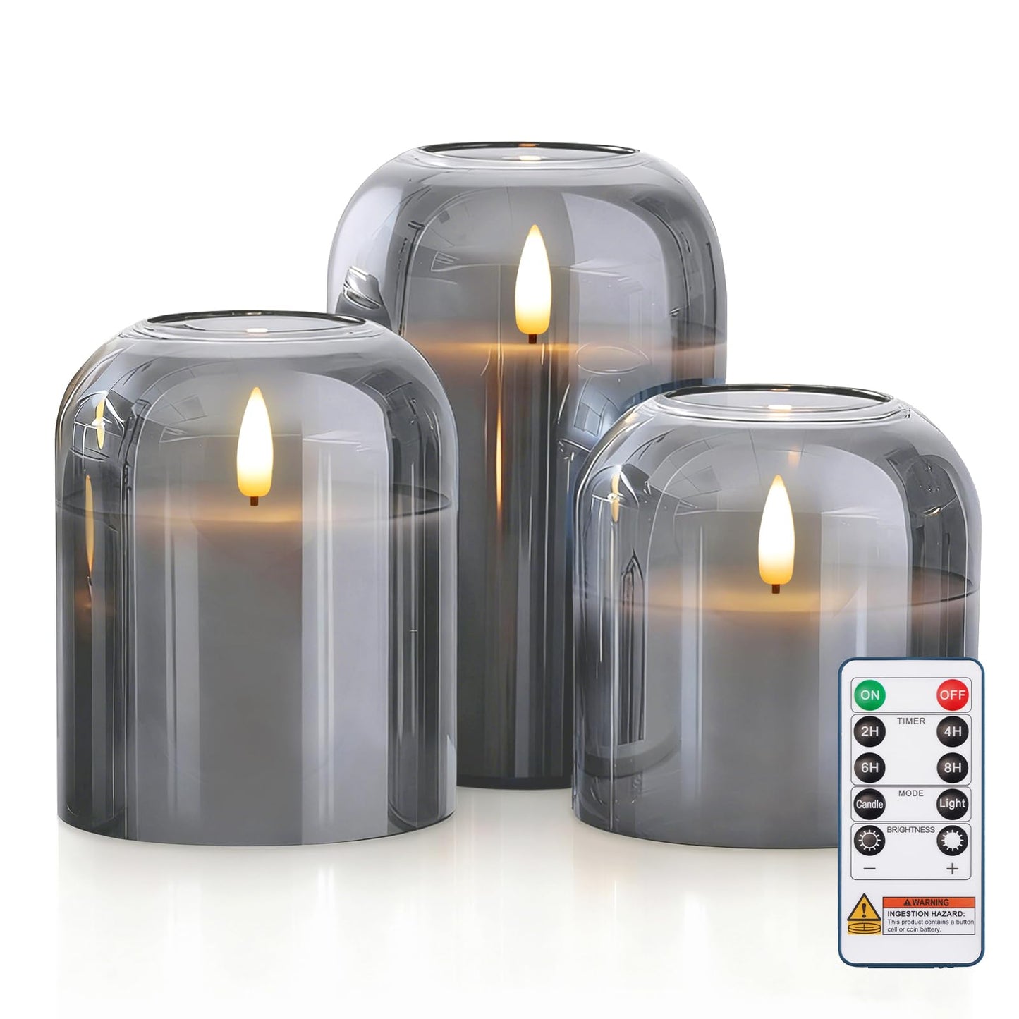 Homemory Glass Flameless Candles, Battery Operated Plliar Candles Realistic Flickering, LED Electric Light with Remote and Timer for Home, Christmas Decoration, Gray, Set of 3