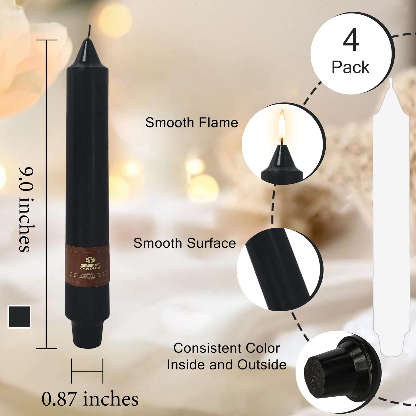 Black Halloween Taper Candles 4 Pack Hand-Poured 9 Inch Unscented Long Tapered Candles for Spooky Decor, Haunted Houses & Gothic Weddings - Clean Burning, Smokeless & Odorless