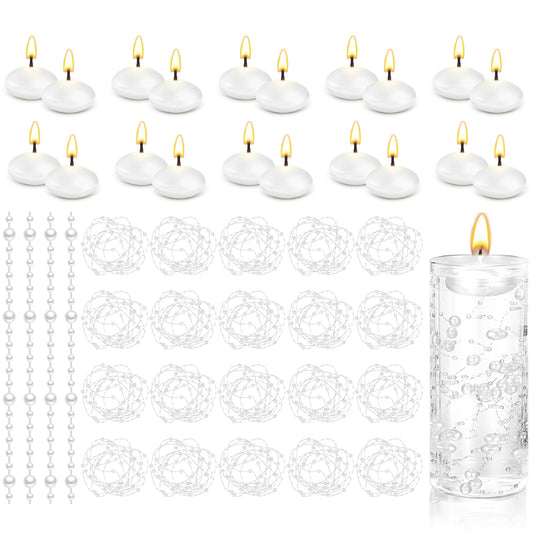 Fumete 40 Pcs White Floating Candles with Pearl Strings, Small Unscented Floating Candles for Wedding Centerpieces, Valentine's Day, Anniversary, Birthday, Elegant Home Decor