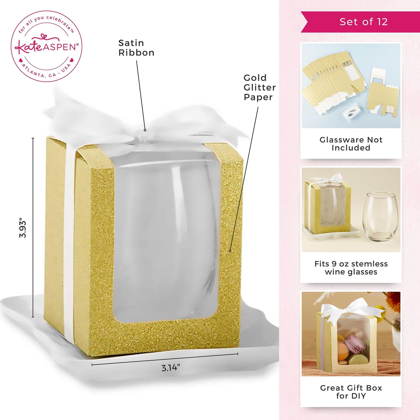 Kate Aspen, Gold Shimmer Display Gift Box, Gift/Party Favor, can hold 9 oz. Stemless Wine Glass (Set of 12)