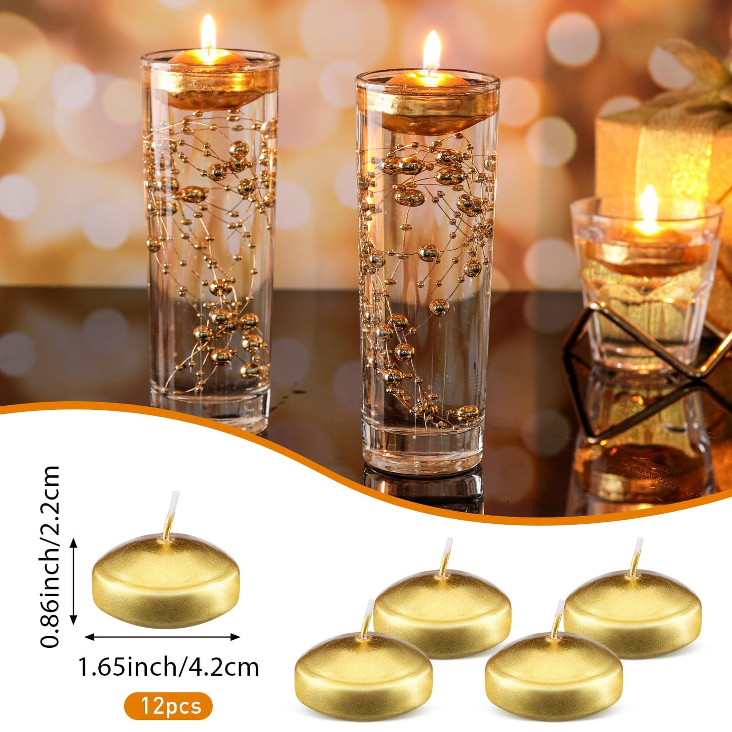 Nuanchu 12 Pieces 1. 65 Inch Floating Candles for Wedding Centerpiece, Small Unscented Floating Round Tealights Metallic Smooth Wax Disc Candles for Graduation Dinner Home Decor(Gold)