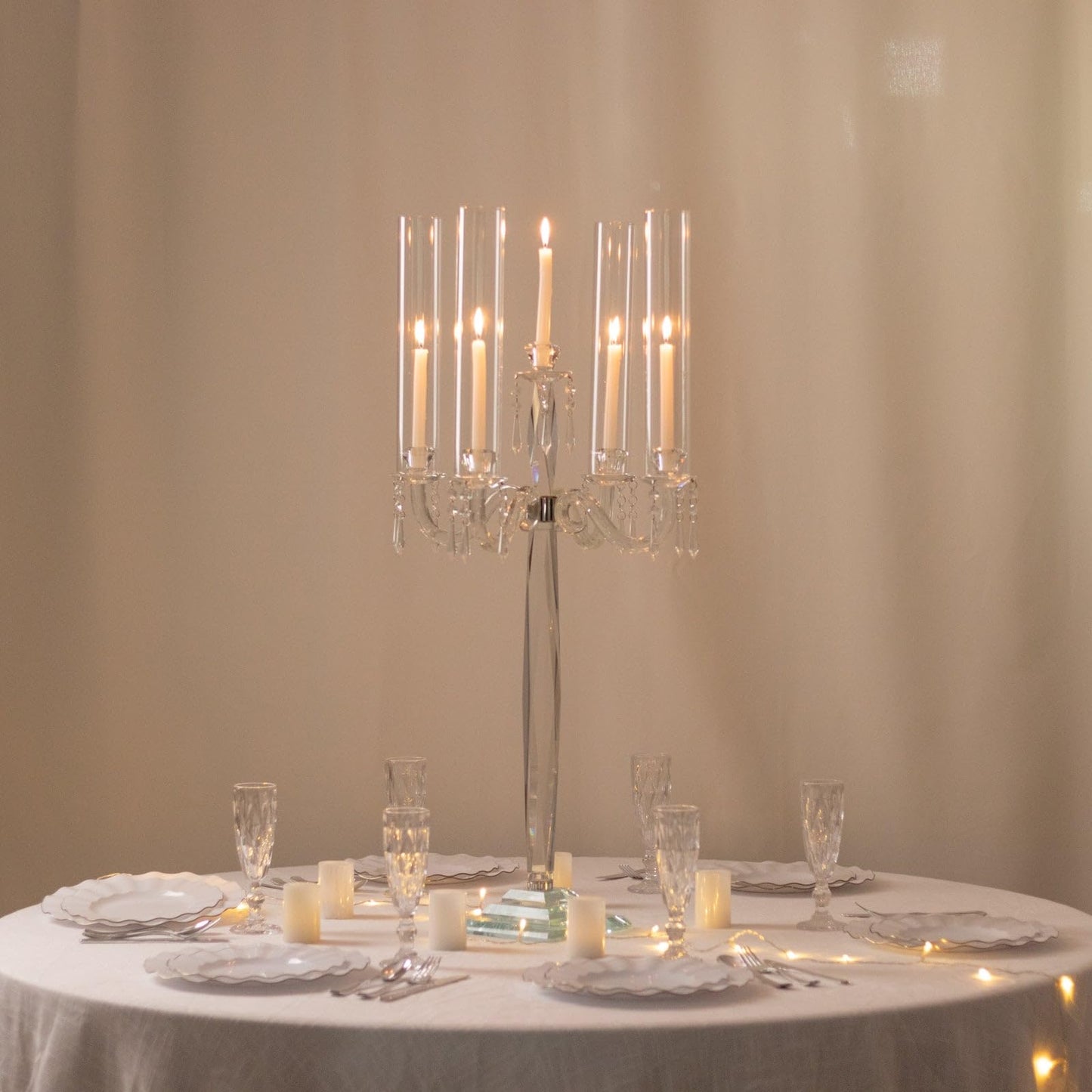 Efavormart Crystal 4-Arm Candelabra Taper Candle Holder with Hurricane Glass Shades – Table Centerpiece with Pedestal Base & Hanging Crystal Accents - 38" Tall