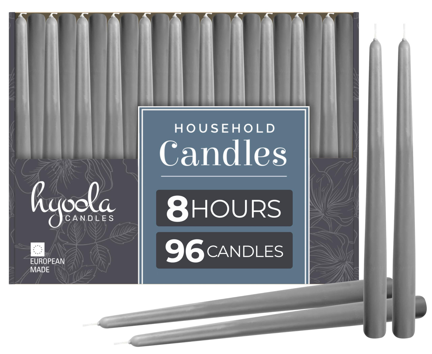 Hyoola Tall Taper Candles Bulk - 10 Inch Dark Grey Unscented Dripless Taper Candles - 8 Hour Burn Time - 96 Pack