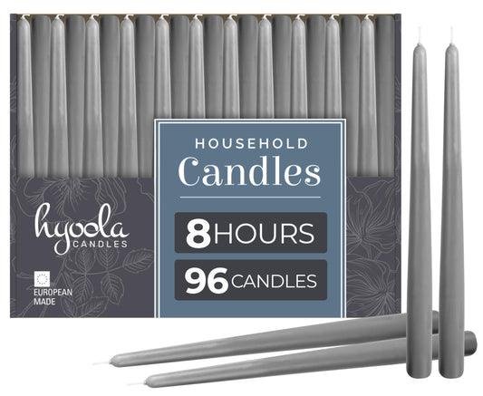 Hyoola Tall Taper Candles Bulk - 10 Inch Dark Grey Unscented Dripless Taper Candles - 8 Hour Burn Time - 96 Pack