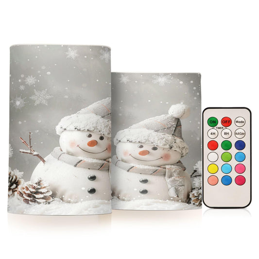 Christmas Lights Flameless Candles Snowman Pine Cones Snowflake Pillar Candles Set of 2 Battery Operated Remote Control Warm Lights Home Decor