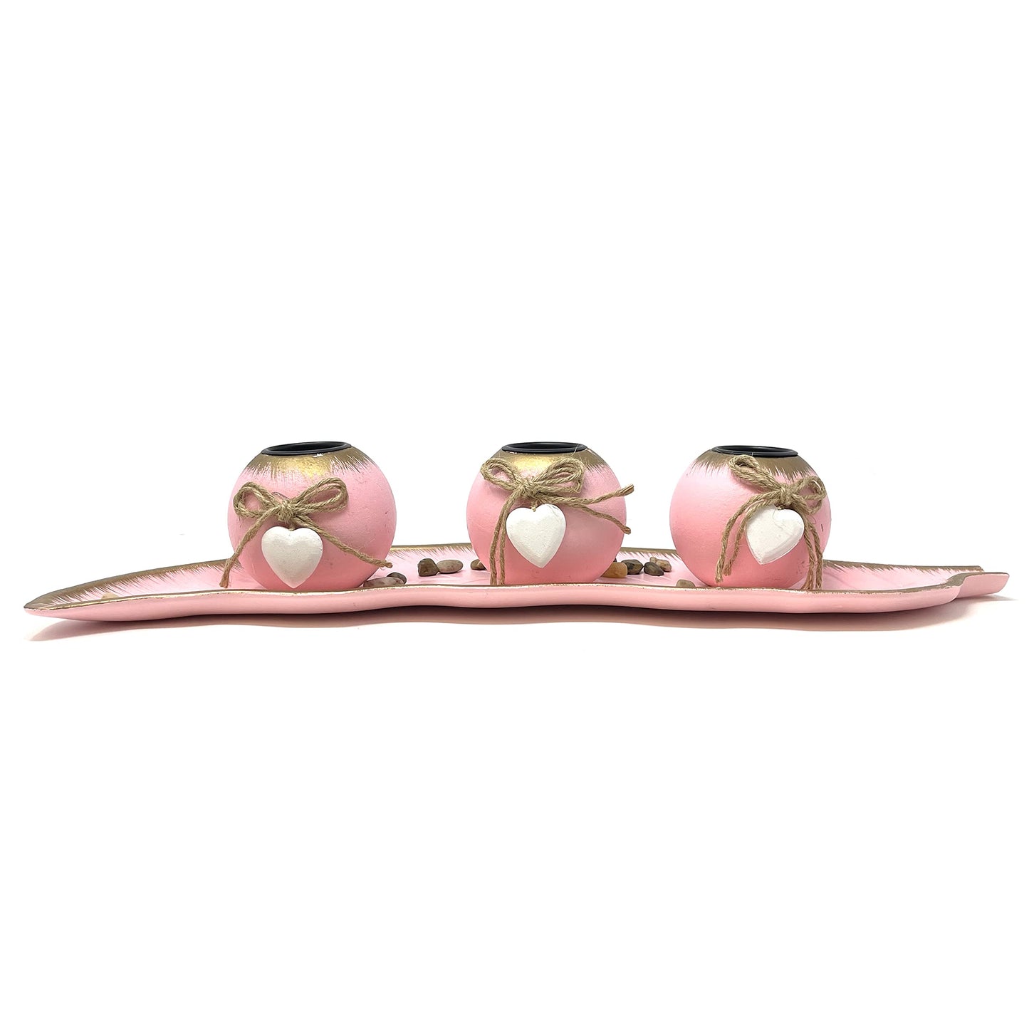allgala Wooden Candle Holder Tray 3 Ball Orbs Set Tealight Candle Holder Centerpiece with Pebbles on Leaf Tray for Coffee Table Dining Table Accents Bowl for Living Room Décor-Pink-HD90407