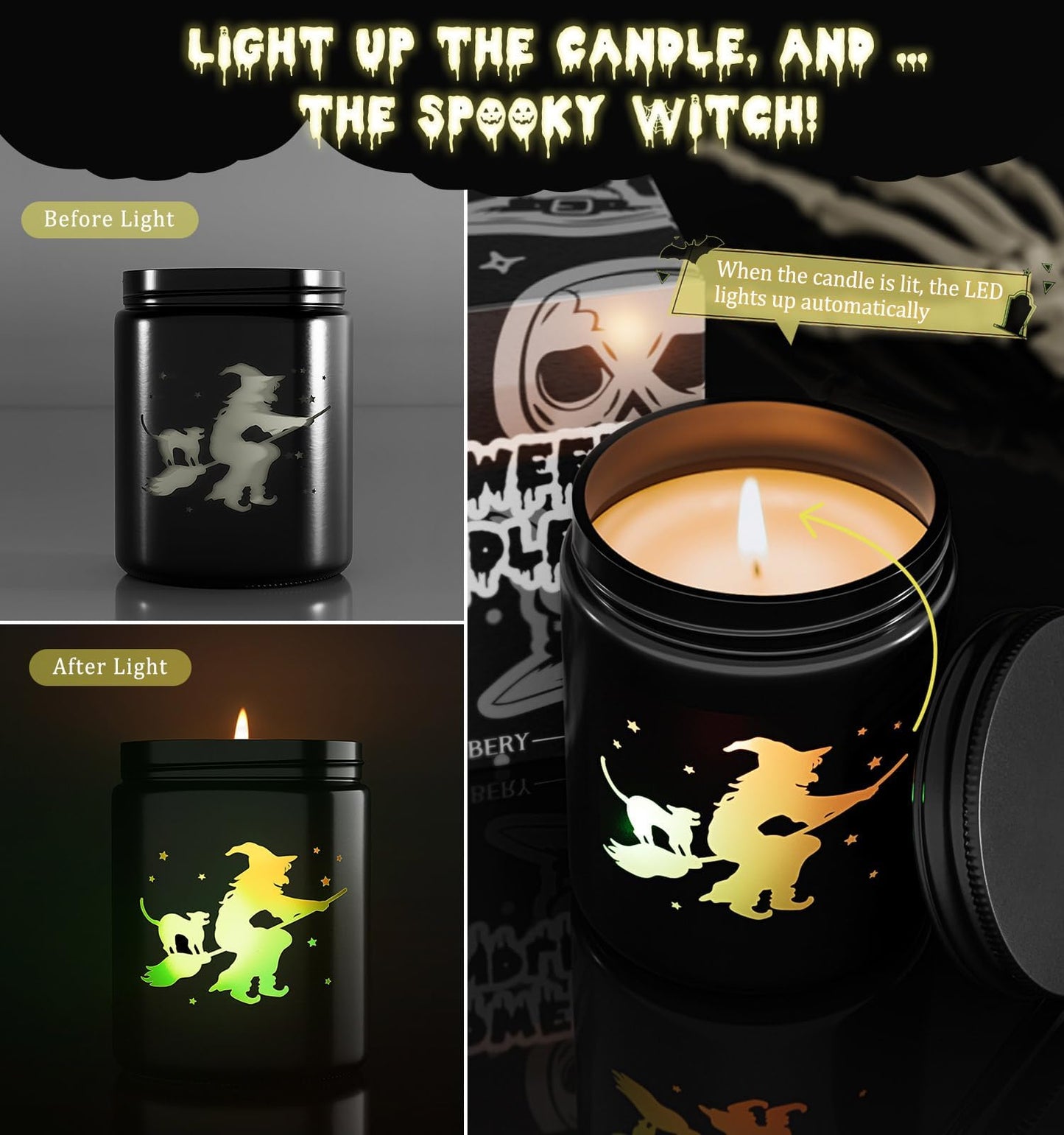 Halloween Decor Indoor-Halloween Gifts Candles for Women with LED Witch, Fall Candles with Apple Cinnamon Scent Over 40 Hours of Burn Time, Gift for Home Fall Decorations Indoor, 100% Soy Wax